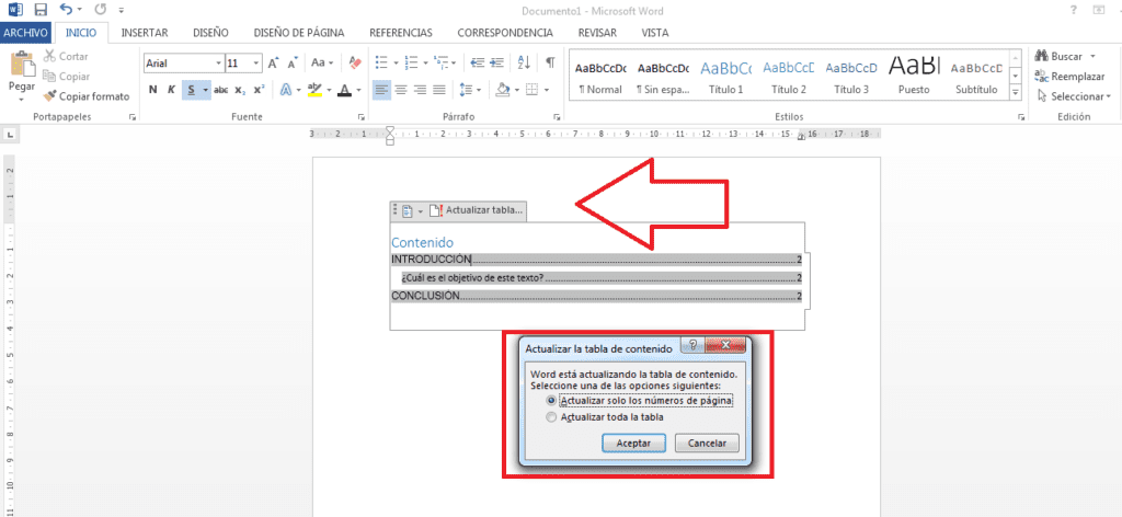 Actualizar índice automático coa opción de táboa de actualización.