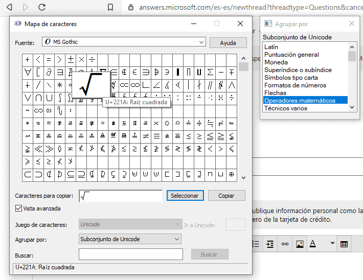 raíces cuadradas en Word