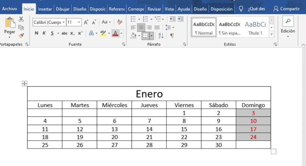 como facer un calendario en word