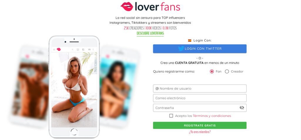 Páxina de rexistro de LoverFans para vender fotos íntimas.