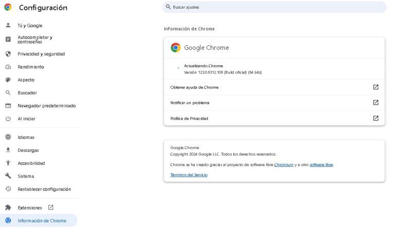 Página inicio de Google Chrome, actualizar para acelerar.