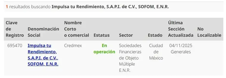 Credmex (Impulsa tu Rendimiento) en el SIPRES de Condusef: clave 695470, en operación