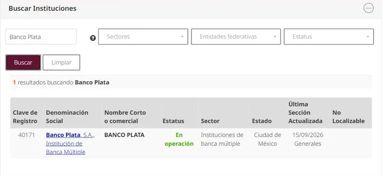 Banco Plata en el SIPRES de Condusef: institución de banca múltiple en operación
